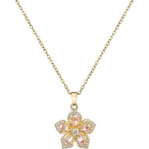 Women Gold Flower Fidget Pink Necklace Rotatable Crystal Blossom Pendant